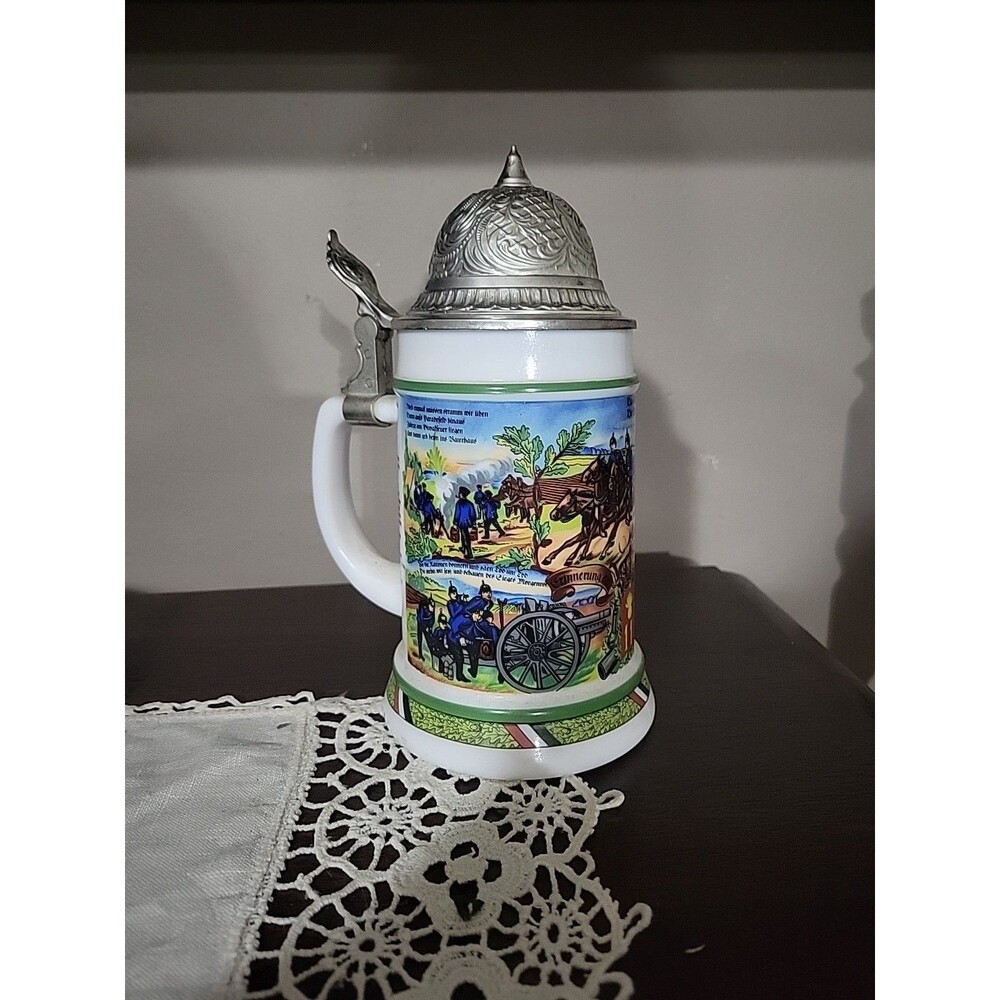Vtg BMF GERMAN Beer Stein MEINE DIENSTZEIF MILK GLASS LID  West GERMANY Military
